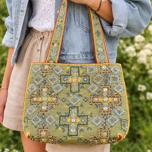 Source Unknown Olive Green Embellished Beaded Tote